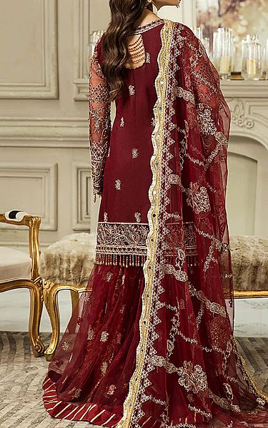House Of Nawab Maroon Net Suit | Pakistani Embroidered Chiffon Dresses- Image 2