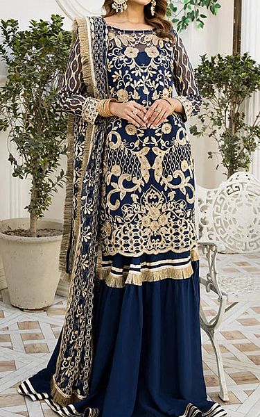 House Of Nawab Dark Blue Organza Suit | Pakistani Embroidered Chiffon Dresses- Image 1
