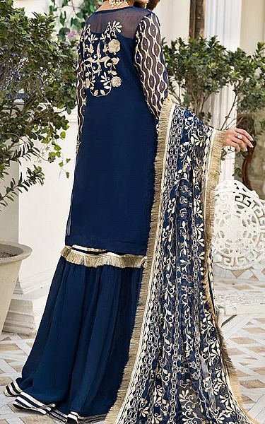 House Of Nawab Dark Blue Organza Suit | Pakistani Embroidered Chiffon Dresses- Image 2