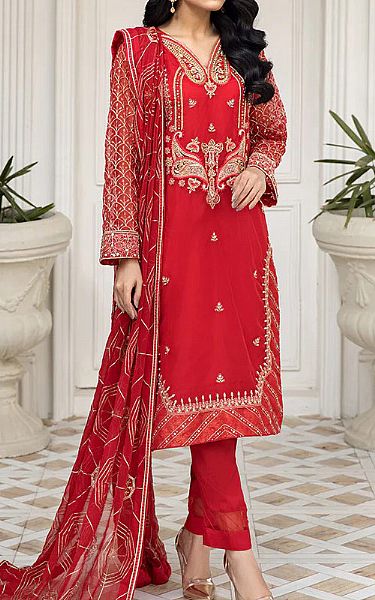 House Of Nawab Bright Red Organza Suit | Pakistani Embroidered Chiffon Dresses- Image 1