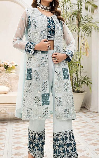 House Of Nawab Light Blue Organza Suit | Pakistani Embroidered Chiffon Dresses- Image 1