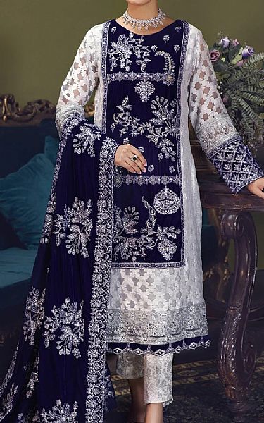 Off-white/Blue Organza Suit | House Of Nawab Pakistani Chiffon Dresses