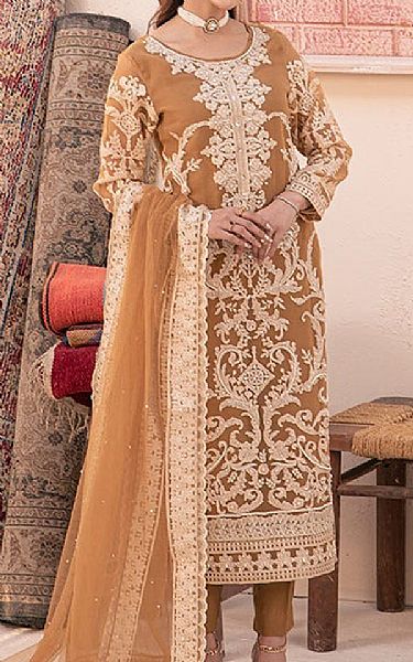 House Of Nawab Clay Brown Organza Suit | Pakistani Embroidered Chiffon Dresses USA- Image 1