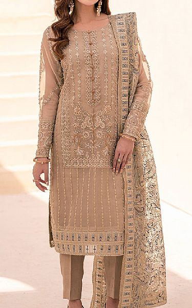 House Of Nawab Tan Organza Suit | Pakistani Embroidered Chiffon Dresses USA- Image 1