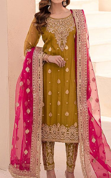House Of Nawab Mustard Jamawar Suit | Pakistani Embroidered Chiffon Dresses USA- Image 1