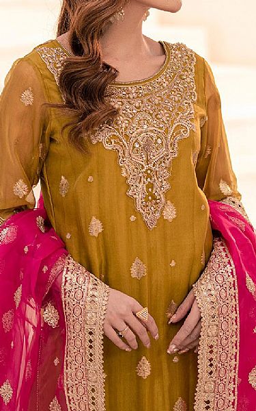 House Of Nawab Mustard Jamawar Suit | Pakistani Embroidered Chiffon Dresses USA- Image 3