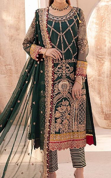 House Of Nawab Gable Green Organza Suit | Pakistani Embroidered Chiffon Dresses USA- Image 1