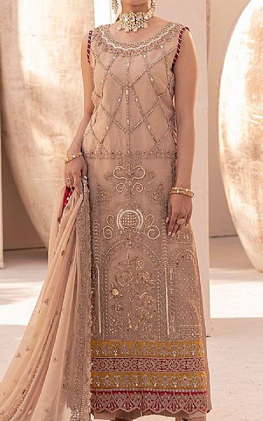 House Of Nawab Pale Taupe Organza Suit | Pakistani Embroidered Chiffon Dresses USA- Image 1
