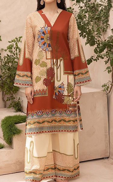 Humdum Rust/Beige Lawn Suit (2 Pcs) | Pakistani Lawn Dress in USA- Image 1