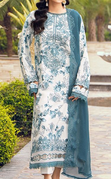 Humdum Off White/Hippie Blue Karandi Suit | Pakistani Winter Dresses in USA- Image 1