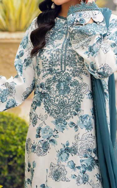 Humdum Off White/Hippie Blue Karandi Suit | Pakistani Winter Dresses in USA- Image 2