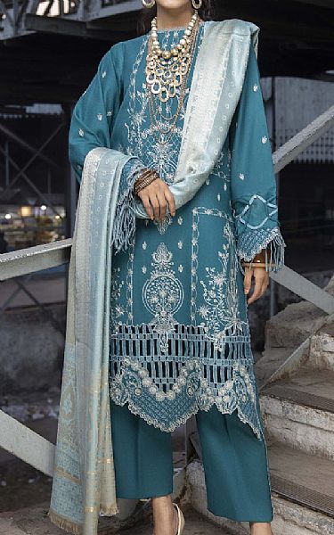 Humdum Hippie Blue Wool Suit | Pakistani Winter Dresses in USA- Image 1