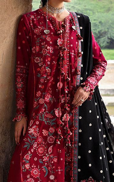 Hussain Rehar Scarlet Karandi Suit | Pakistani Winter Dresses in USA- Image 2