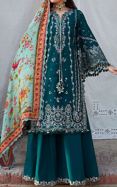 Hussain Rehar Teal Lawn Suit | Pakistani Lawn Dress in USA- Image 1