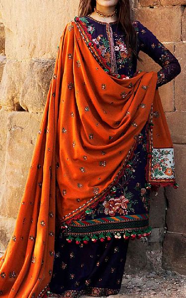 Hussain Rehar Indigo Karandi Suit | Pakistani Winter Dresses- Image 1