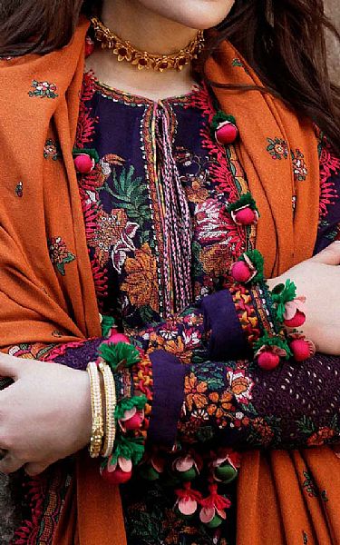 Hussain Rehar Indigo Karandi Suit | Pakistani Winter Dresses- Image 2