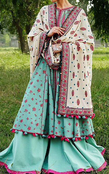 Hussain Rehar Turquoise Karandi Suit | Pakistani Winter Dresses- Image 1