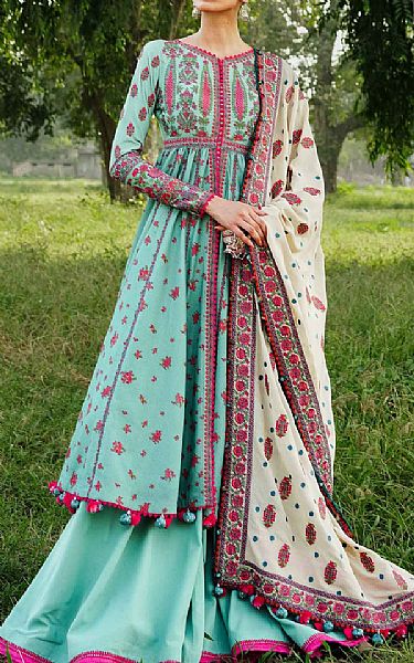 Hussain Rehar Turquoise Karandi Suit | Pakistani Winter Dresses- Image 2