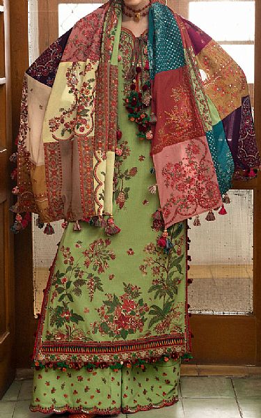 Hussain Rehar Pistachio Green Karandi Suit | Pakistani Winter Dresses in USA- Image 1