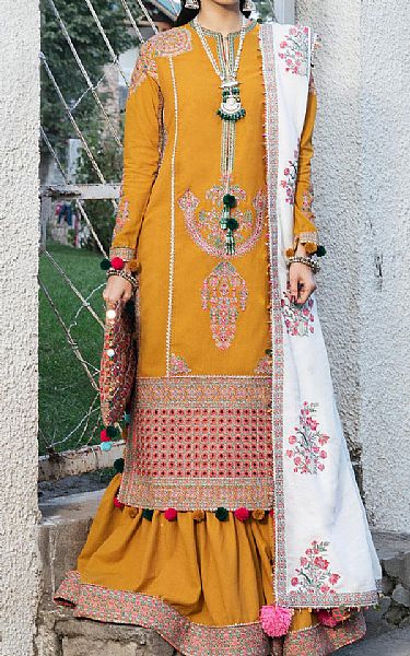 Hussain Rehar Orange Karandi Suit | Pakistani Winter Dresses- Image 1