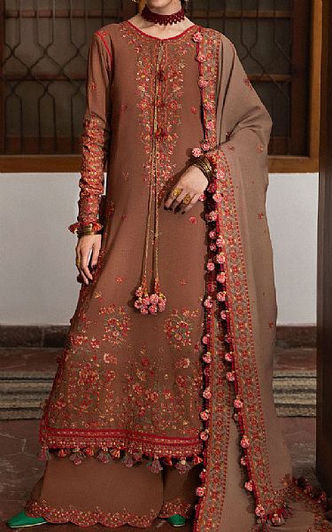 Hussain Rehar Bear Brown Karandi Suit | Pakistani Winter Dresses in USA- Image 1
