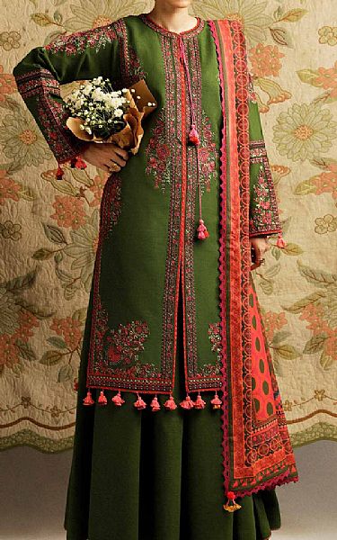 Hussain Rehar Dirty Green Khaddar Suit | Pakistani Winter Dresses- Image 1