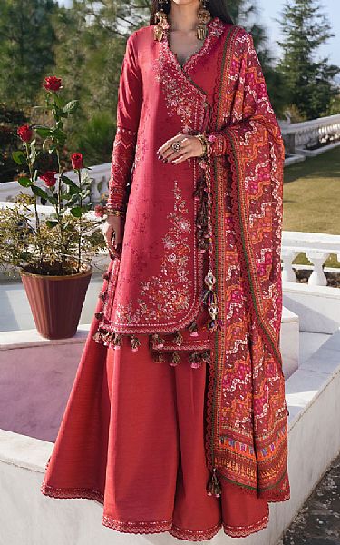 Hussain Rehar Carrot Red Khaddar Suit | Pakistani Winter Dresses in USA- Image 1