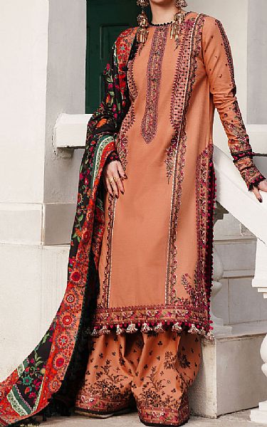 Hussain Rehar Peach Khaddar Suit | Pakistani Winter Dresses in USA- Image 1