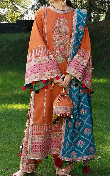 Hussain Rehar Safety Orange  Karandi Suit | Pakistani Winter Dresses- Image 1