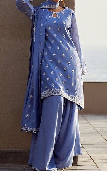 Image Dusky Blue Silk Suit | Pakistani Embroidered Chiffon Dresses USA- Image 1