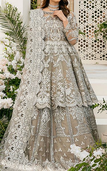 Imrozia Beige Net Suit | Pakistani Embroidered Chiffon Dresses- Image 1