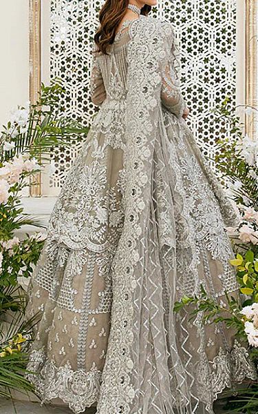 Imrozia Beige Net Suit | Pakistani Embroidered Chiffon Dresses- Image 2