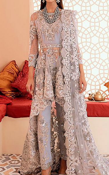 Imrozia Light Grey Net Suit | Pakistani Dresses in USA- Image 1