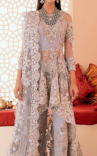 Imrozia Light Grey Net Suit | Pakistani Dresses in USA- Image 2