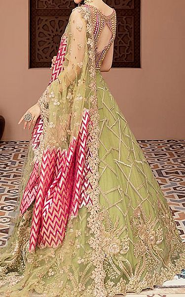 Imrozia Apple Green/Magenta Net Suit | Pakistani Wedding Dresses- Image 2