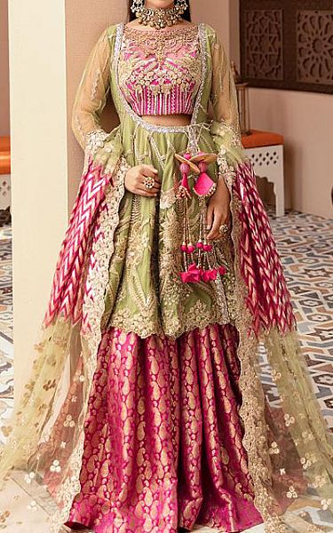 Imrozia Apple Green/Magenta Net Suit | Pakistani Wedding Dresses- Image 1