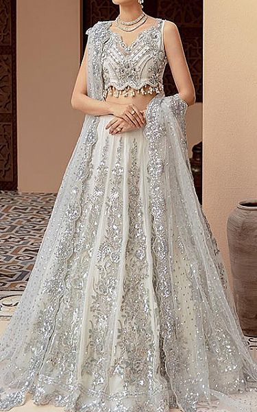 Imrozia Light Grey Net Suit | Pakistani Wedding Dresses- Image 1