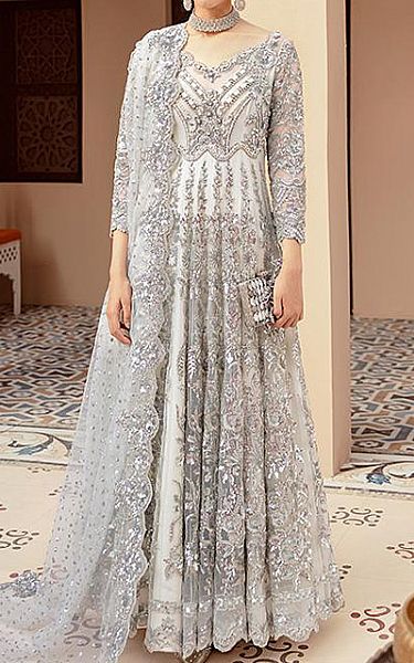 Imrozia Light Grey Net Suit | Pakistani Dresses in USA- Image 1