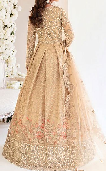 Tan Net Suit | Imrozia Pakistani Chiffon Dresses
