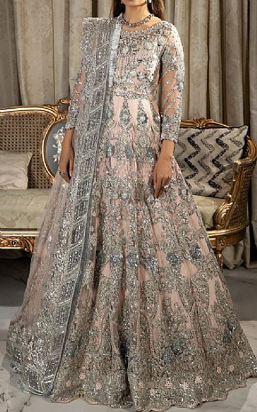 Imrozia Light Pink/Grey Net Suit | Pakistani Embroidered Chiffon Dresses- Image 1
