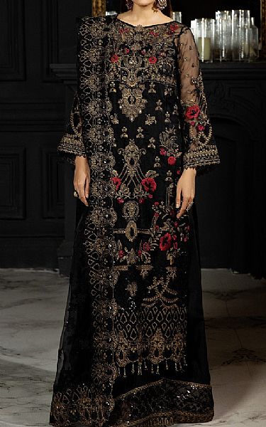 Imrozia Black Organza Suit | Pakistani Embroidered Chiffon Dresses- Image 1