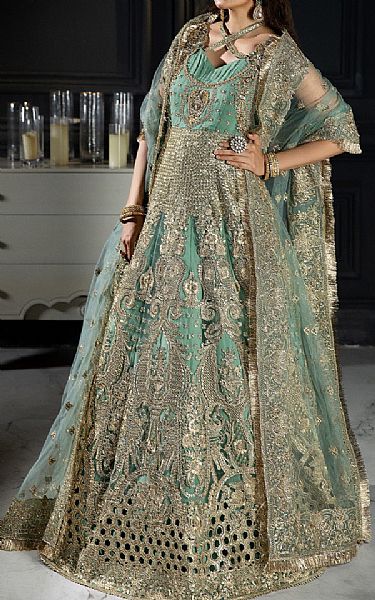 Imrozia Teal Net Suit | Pakistani Embroidered Chiffon Dresses- Image 1