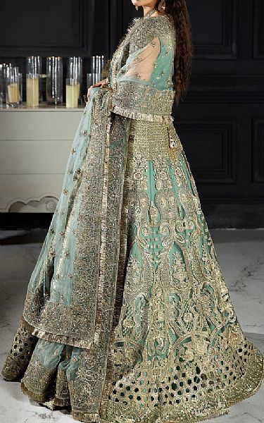 Imrozia Teal Net Suit | Pakistani Embroidered Chiffon Dresses- Image 2
