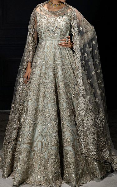 Imrozia Light Turquoise/Golden Net Suit | Pakistani Embroidered Chiffon Dresses- Image 1