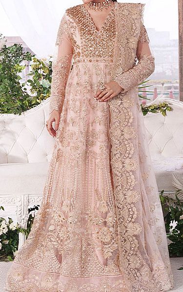 Imrozia Peach Net Suit | Pakistani Embroidered Chiffon Dresses USA- Image 1