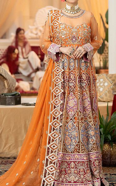Imrozia Safety Orange Net Suit | Pakistani Embroidered Chiffon Dresses- Image 1