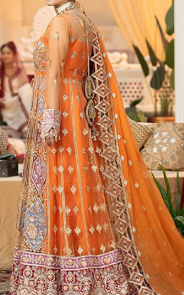Imrozia Safety Orange Net Suit | Pakistani Embroidered Chiffon Dresses- Image 2