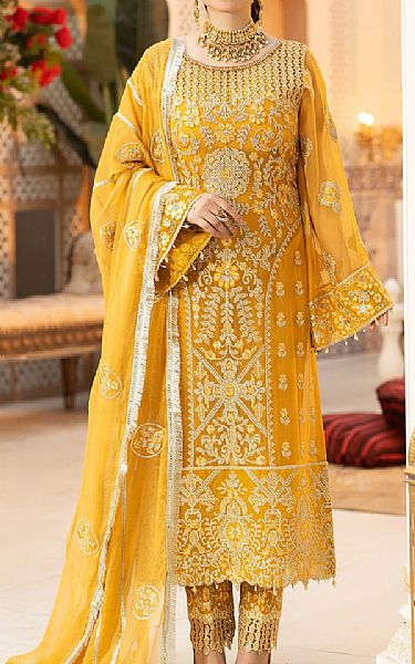 Imrozia Mustard Chiffon Suit | Pakistani Embroidered Chiffon Dresses- Image 1