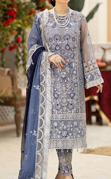 Imrozia Grey Masuri Suit | Pakistani Embroidered Chiffon Dresses- Image 1