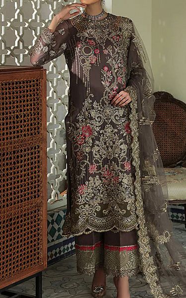 Imrozia Dark Grey Chiffon Suit | Pakistani Embroidered Chiffon Dresses- Image 1